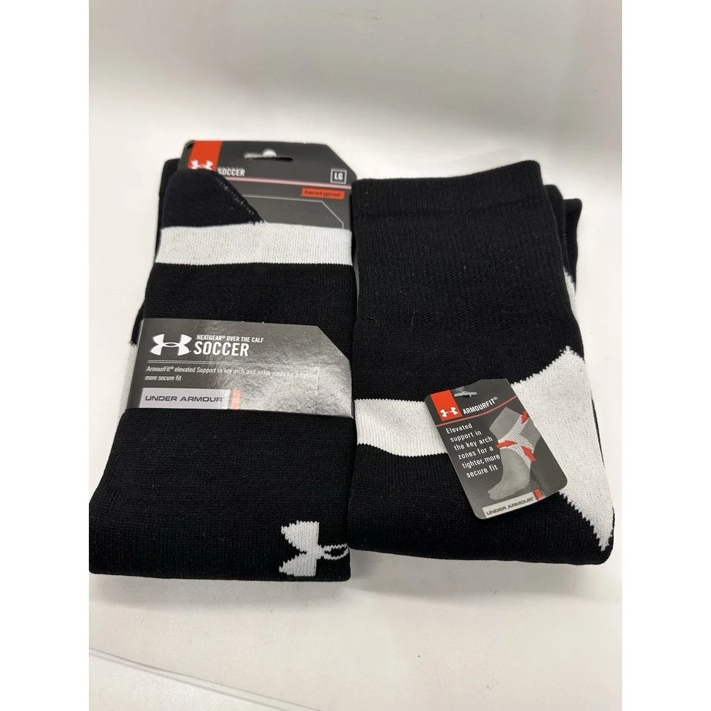 Lot 2 Under Armour HeatGear Soccer‎ Socks LG Mens 9-12.5 Black White NWT